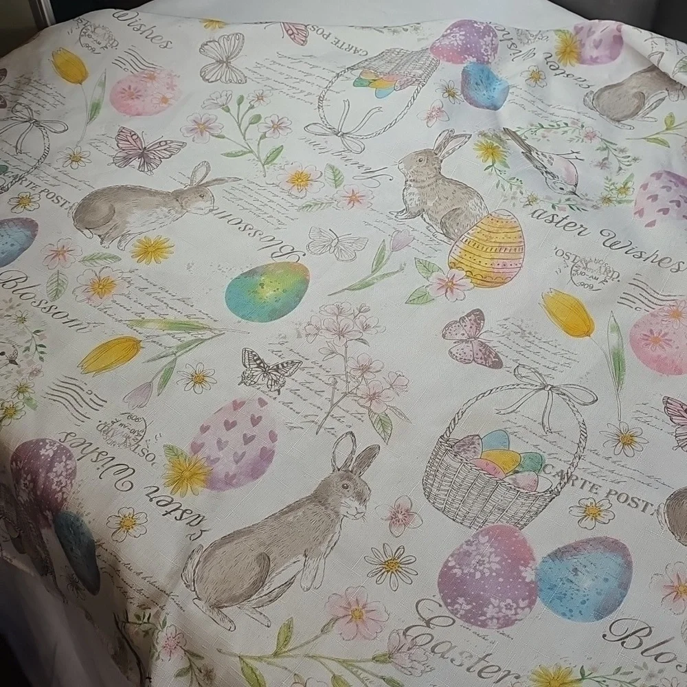 Easter Themed Tablecloth Oval*66x60*Rabbits Eggs Baskets Birds Cream/Pastels EUC